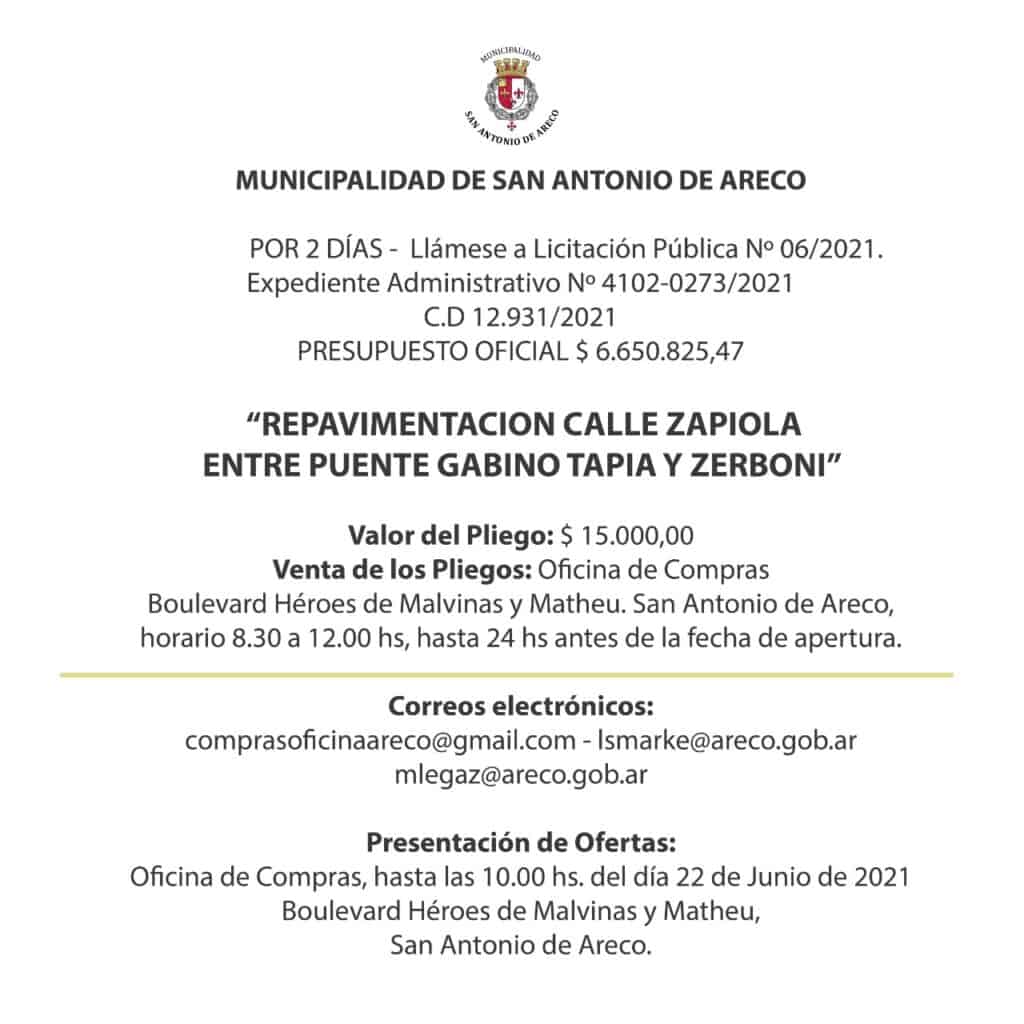 Licitación calle Zapiola entre Puente Tapia y Zerboni en San Antonio de Areco