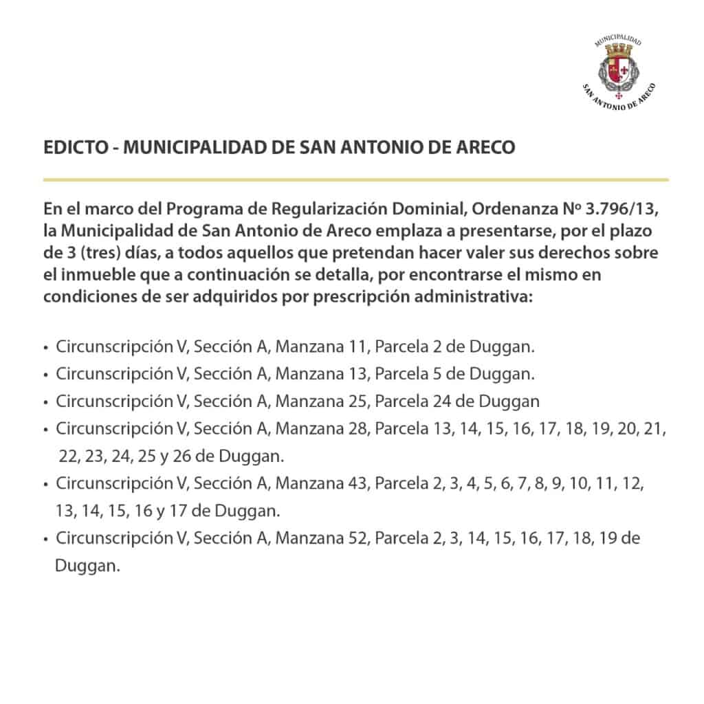 Edicto de la Municipalidad de San Antonio de Areco - Agosto 2021