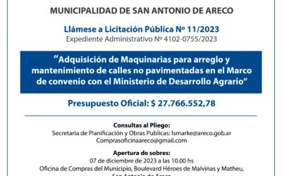 Licitacion publica Adquisición de maquinarias Municipalidad de San Antonio de Areco 16 nov 2023