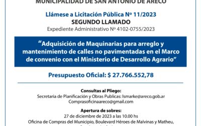 Licitacion publica Adquisición de maquinarias Municipalidad de San Antonio de Areco segundo llamado 18 dic 2023