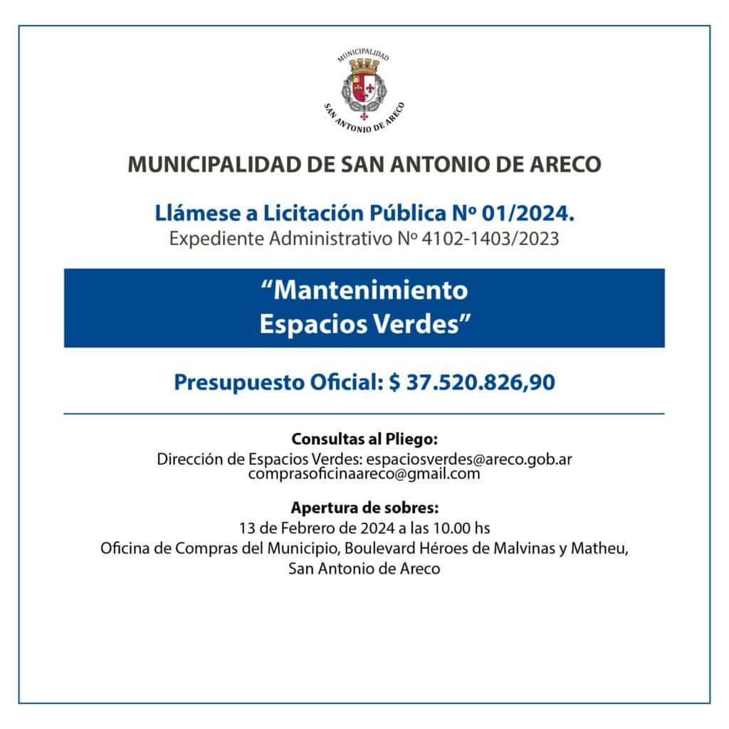 Licitacion Publica 01 2024 Mantenimiento de Espacios Verdes Municipalidad de San Antonio de Areco 23 enero 2024