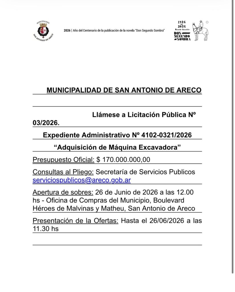 Edicto Licitacion Pública Nº 03/2026 "Adquisición Excavadora"