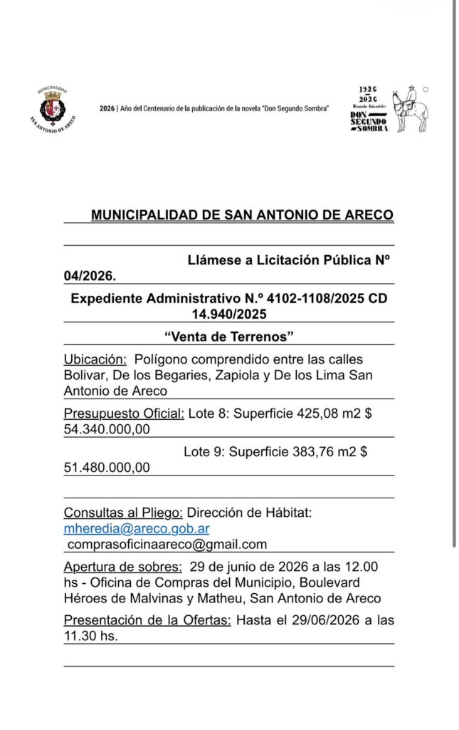 - Edicto Licitación Pública Nº 04/2026 " Venta de Terrenos "